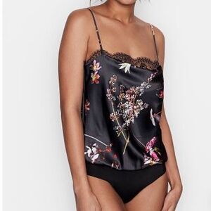 Victoria’s Satin Cowl-neck Black-Floral Bodysuit